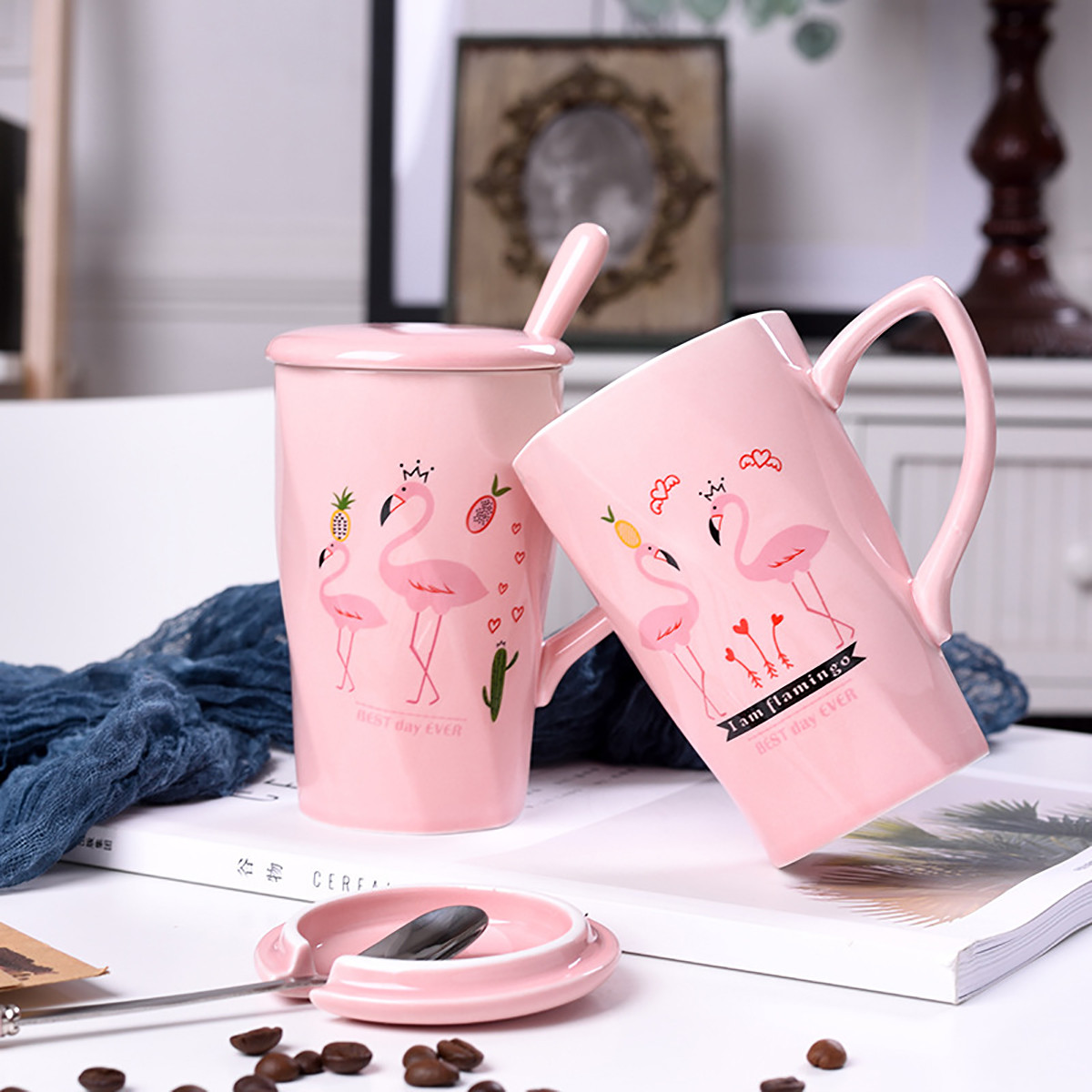粉色火烈鸟陶瓷杯创意大容量少女心水杯牛奶杯简约马克杯女生礼物