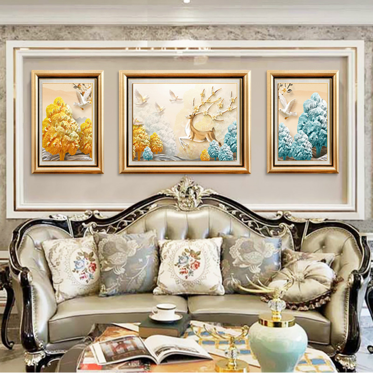 客厅装饰画欧式沙发背景墙画现代简约美式壁画发财鹿挂画