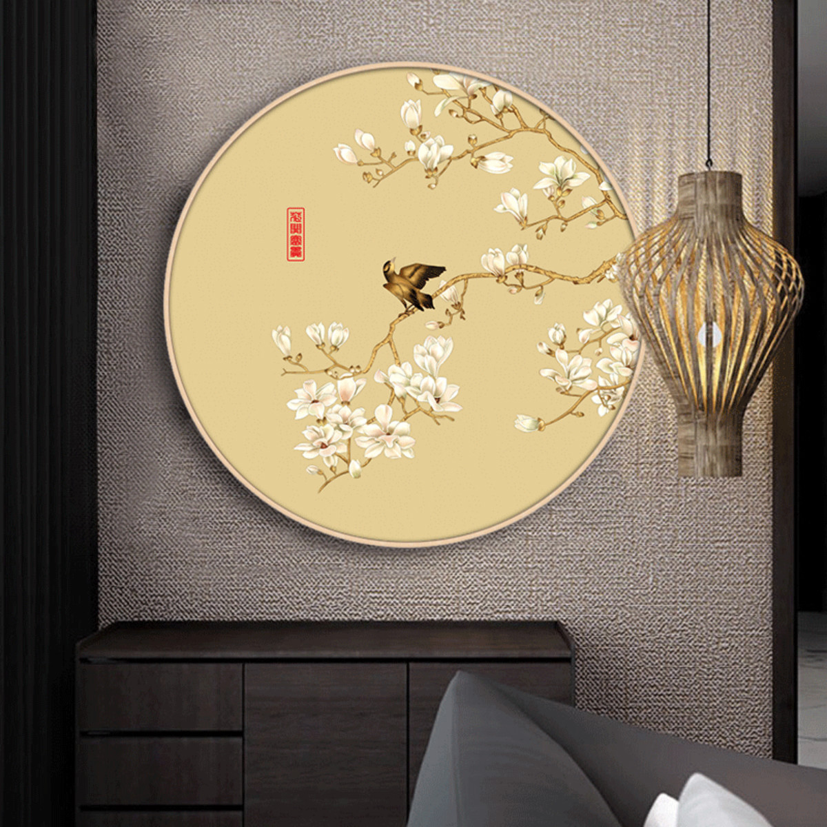 玄关墙面挂画圆形歺厅客厅装饰画壁画新中式沙发背景墙面