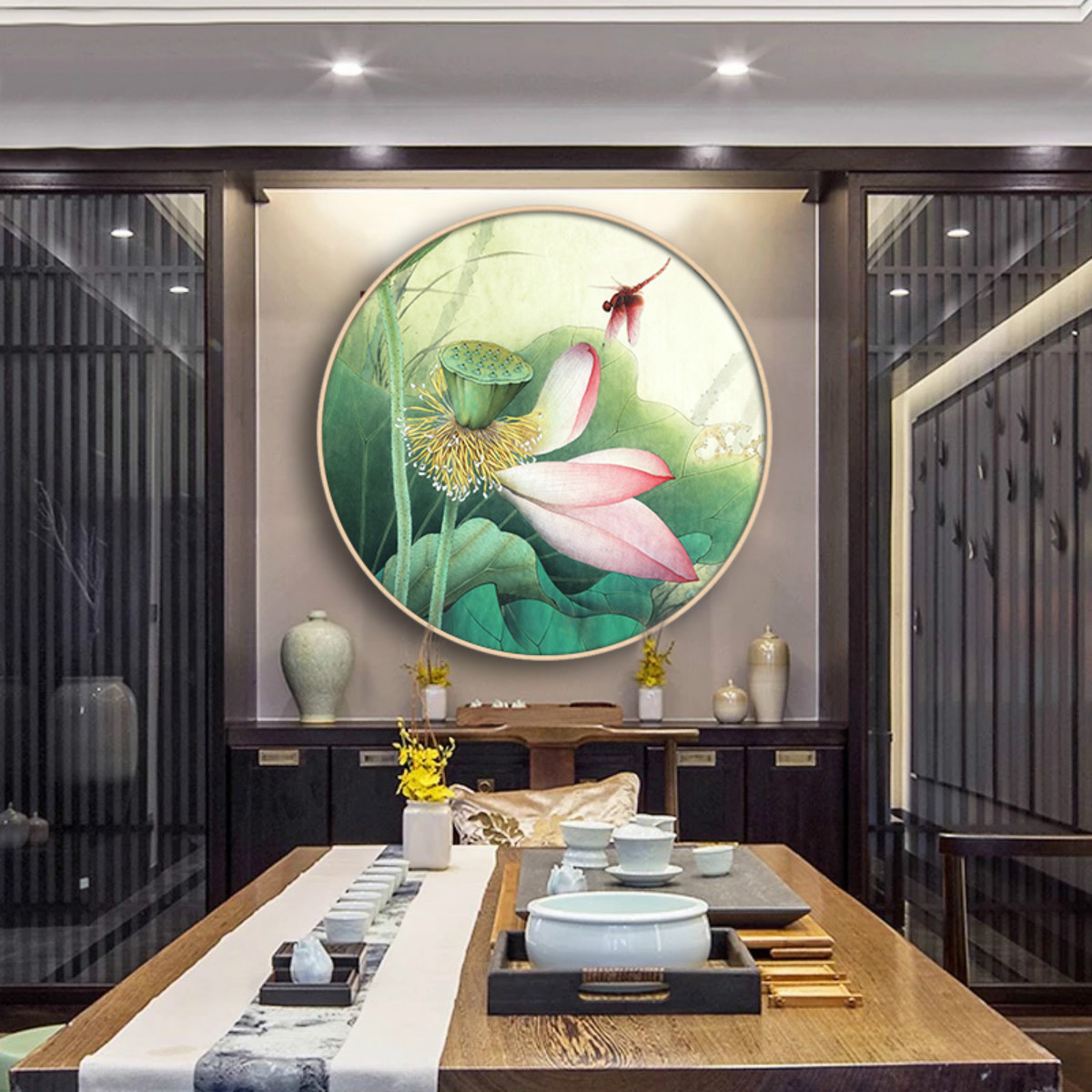 客厅歺厅中国风壁画餐厅现代新中式玄关走廊过道圆形墙面挂画