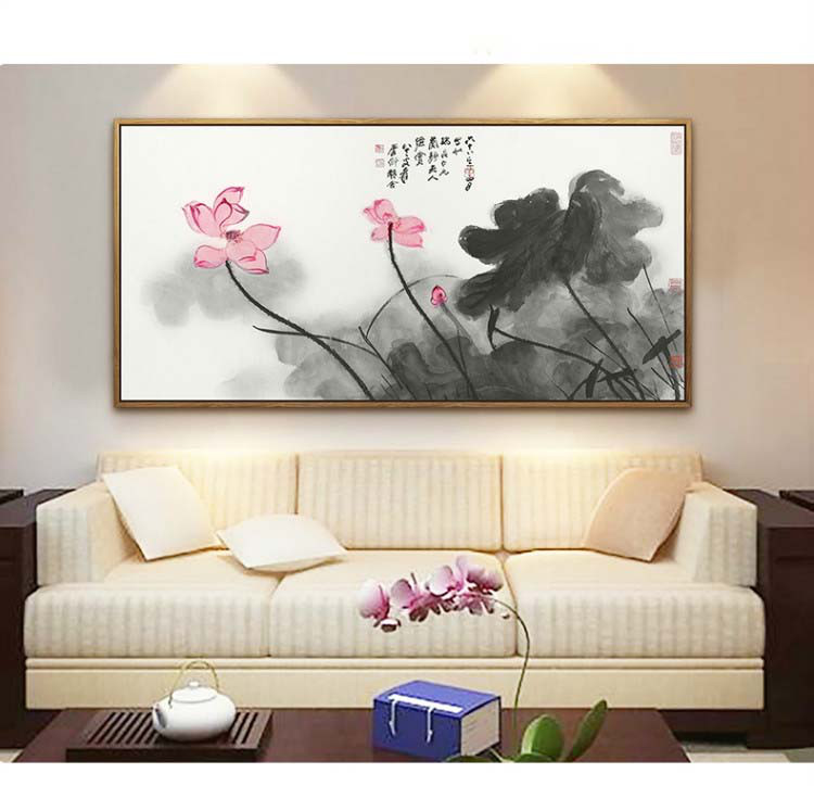 张大千荷花水墨国画新中式装饰画客厅沙发背景墙挂画壁画玄关走廊
