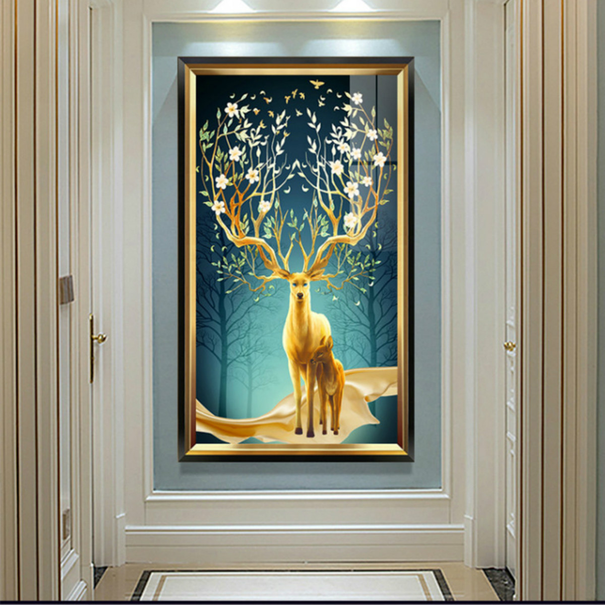 入户玄关装饰画过道走廊竖版壁画现代简约客厅美式轻奢挂画欧式鹿