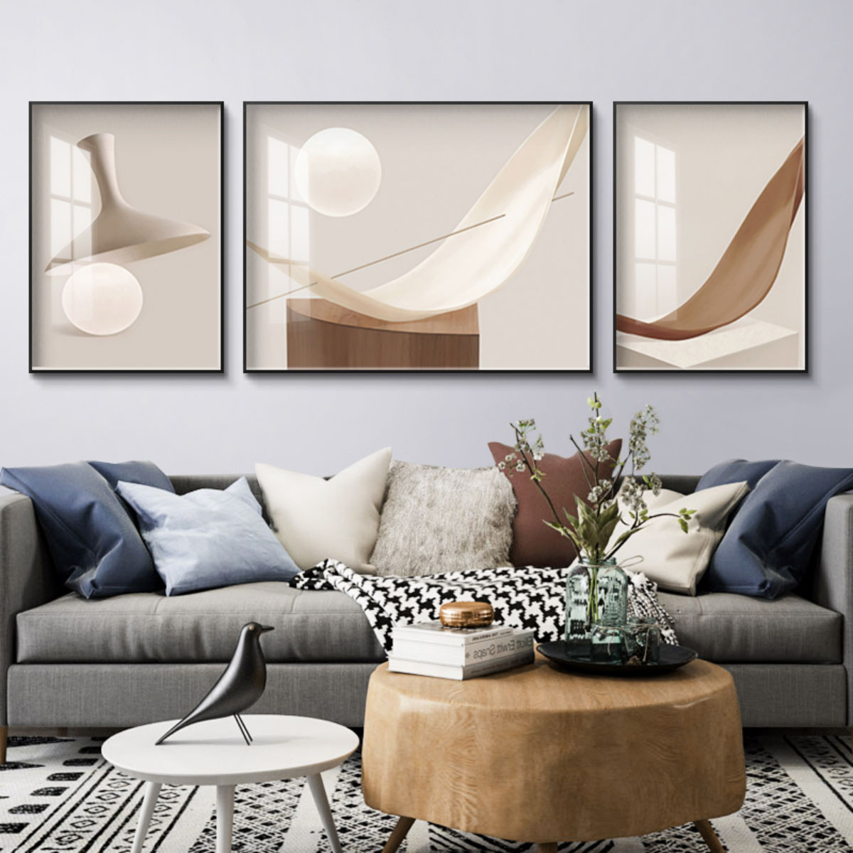 现代简约客厅装饰画沙发背景墙壁画轻奢大气抽象挂画北欧风三联画