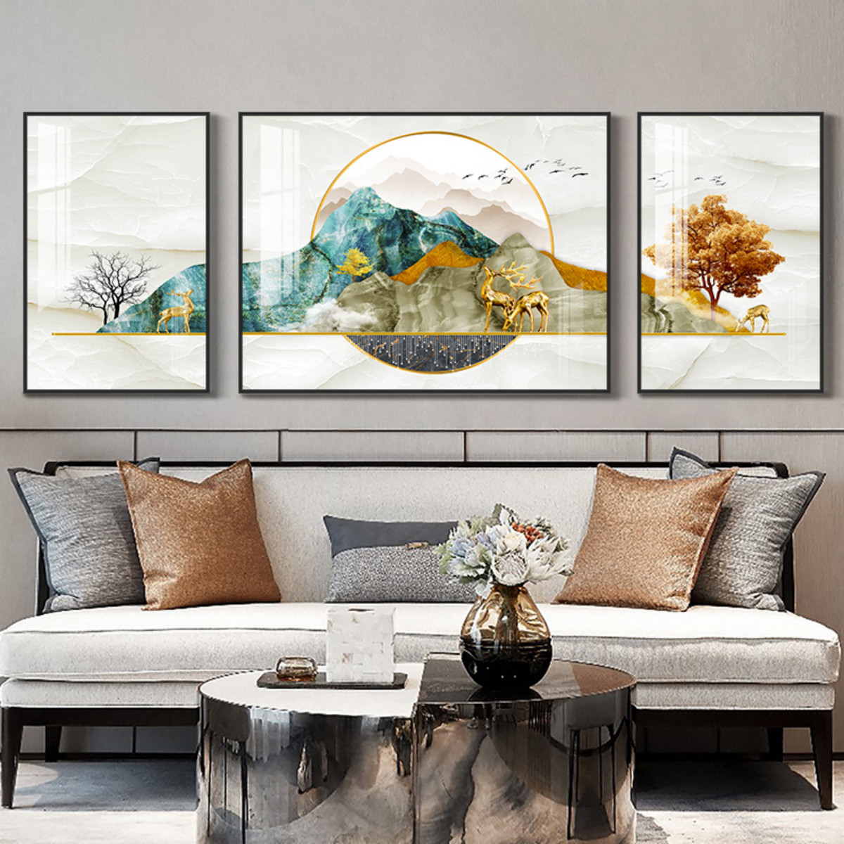 新中式客厅装饰画意境山水画三联壁画抽象沙发背景墙挂画轻奢墙画