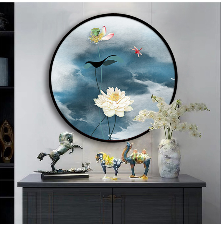 玄关装饰画家和万事兴壁画圆形挂画客厅餐厅荷花九鱼图画