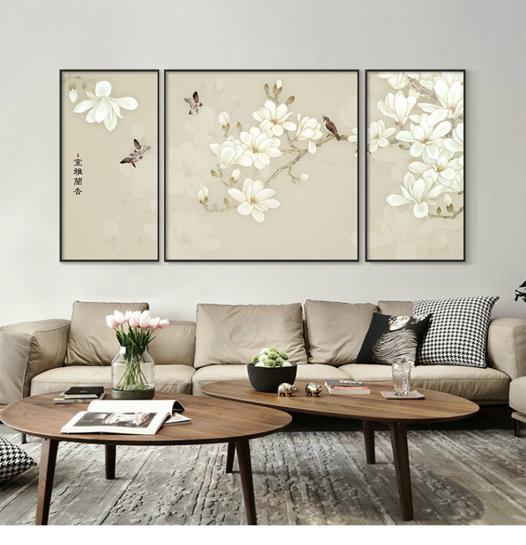 花鸟画工笔新中式客厅装饰画三联中国风沙发背景墙挂画大气壁画