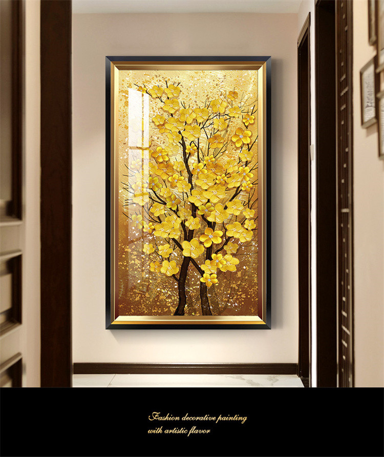 欧式轻奢入户发财树玄关装饰画走廊壁画现代竖版高档黄金过道挂画