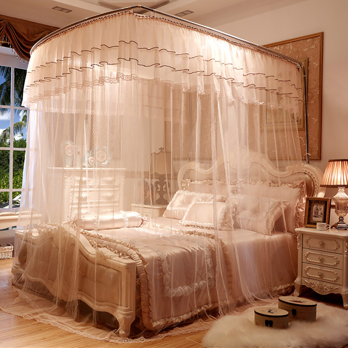 钓鱼竿伸缩宫廷蚊帐1.5米1.8m床双人家用支架1.2加密