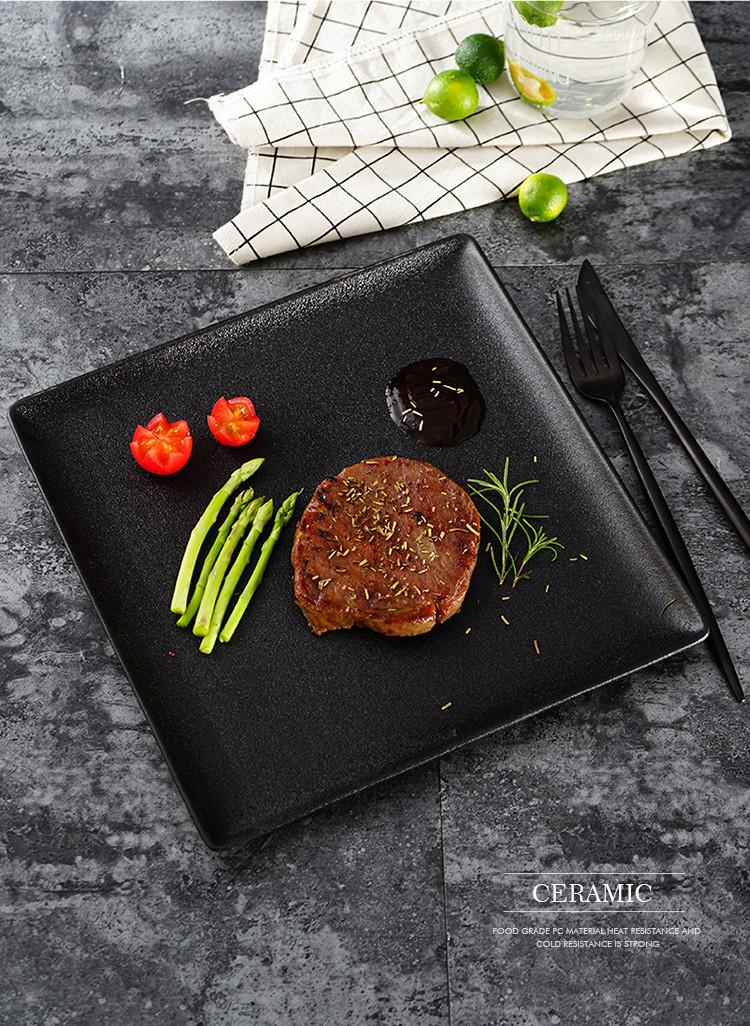 西餐盘子ins牛排盘子北欧牛扒餐具家用平盘欧式黑色方盘陶瓷盘