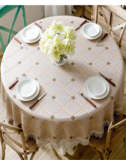 美式圆形桌布棉麻格子小圆桌餐桌布艺大圆桌台布家用简约欧式jf