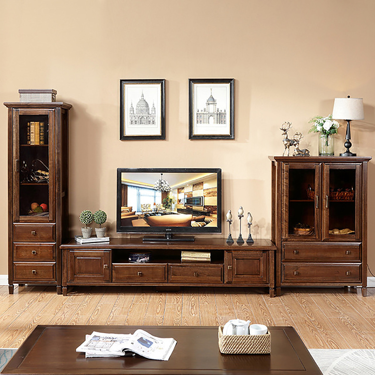 实木电视柜美式鹅掌楸木高矮柜组合古典美式乡村客厅家具组合柜