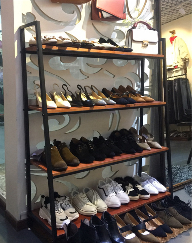 服装店鞋柜展示架鞋店鞋架落地式多层实木鞋货架铁艺梯形组合展架