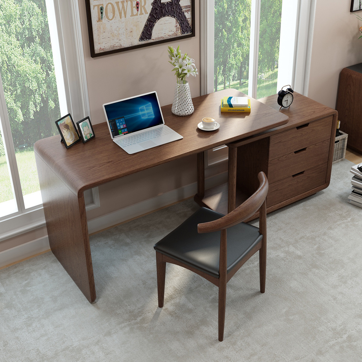 北欧实木书桌台式胡桃木色转角写字台电脑桌家用办公桌jllg