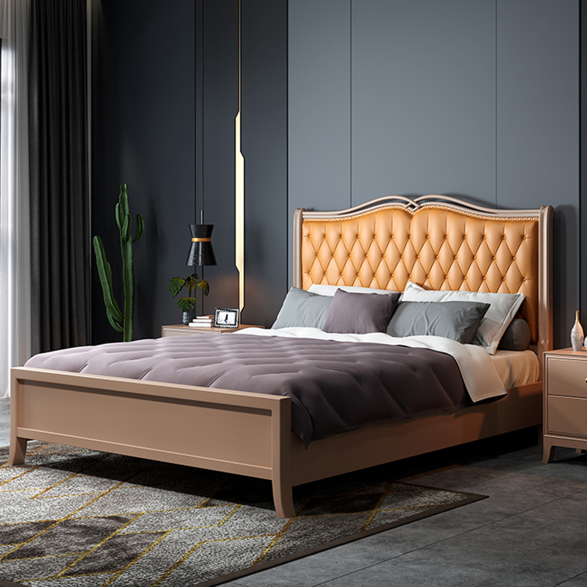 轻奢实木床美式1.8米靠背皮床欧式双人卧室家具储物床现代简约床