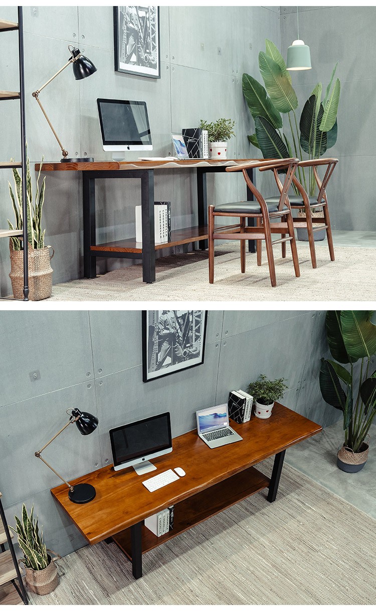 美式复古长条电脑桌靠墙铁艺实木办公桌简约多功能家用做旧工作台