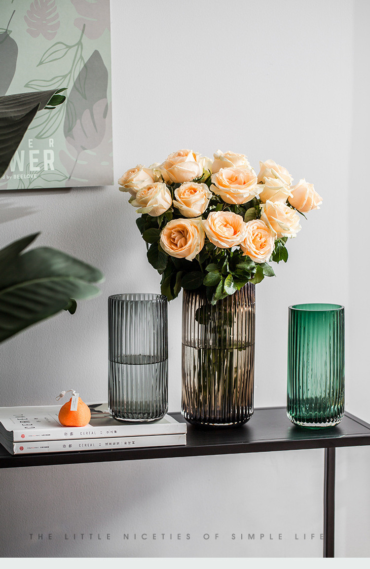 欧式创意绿色竖条纹圆口玻璃花瓶透明插花器玻璃瓶客厅摆件
