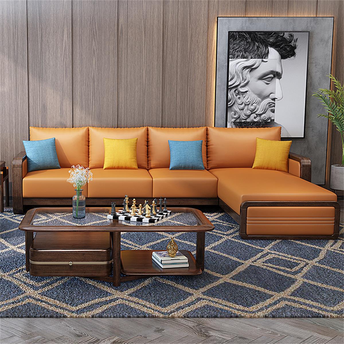 实木沙发组合现代简约胡桃木贵妃皮艺沙发北欧轻奢客厅家具