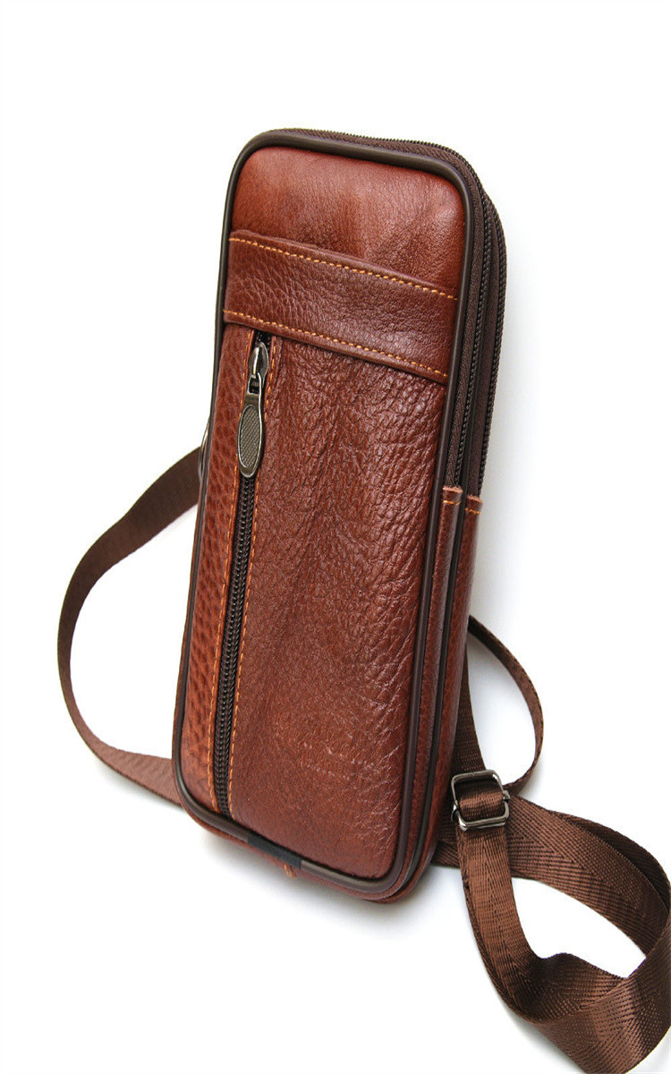 双层三拉链真皮腰包男士手机包穿皮带斜挎头层纯牛皮单肩包复古