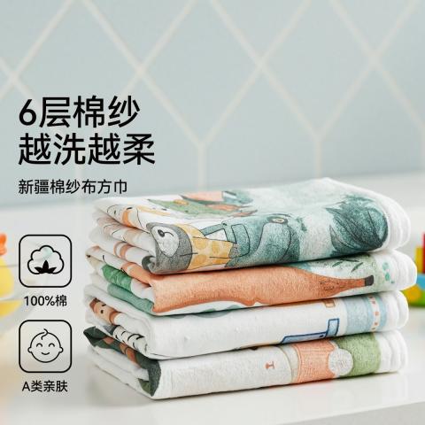 洁丽雅 纯棉纱布毛浴巾不易掉毛新疆棉童巾吸湿透气卡通印花柔软洗脸巾 图片 3