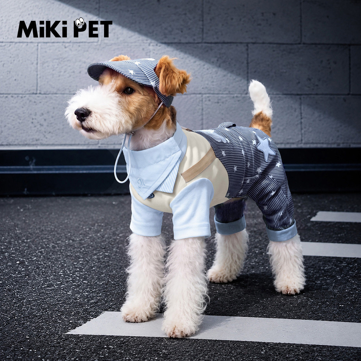 MIKI PET 小狗狗衣服春秋可牵引小型犬宠物雪纳瑞比熊酷帅牛仔四脚衣背带裤