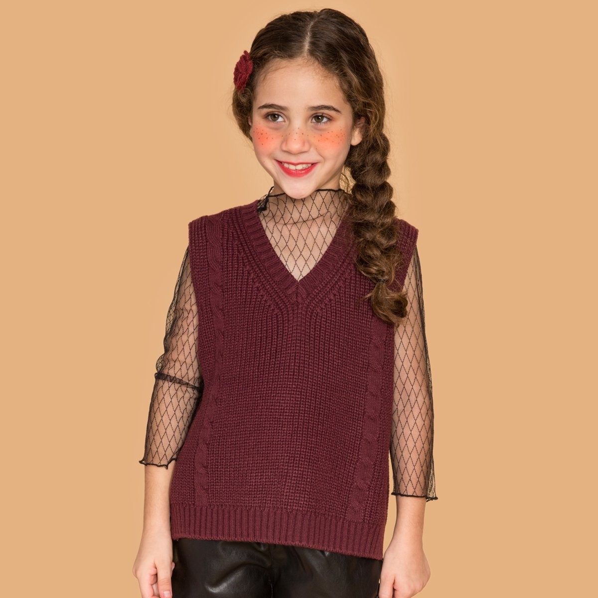 女童毛衣背心秋装2018新款个性开叉设计藏青针织上衣后背系带百搭马甲