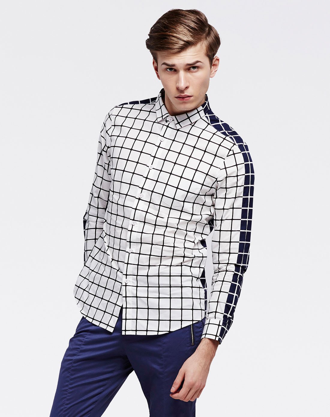 elle homme男装特卖旗舰店(旧)男士拼接格子格纹撞色潮流纯棉长袖衬衫