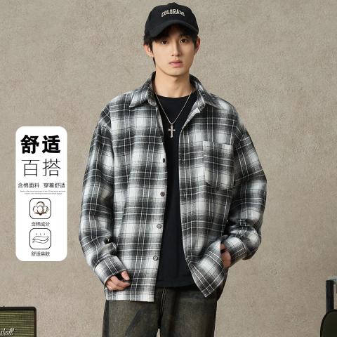 班尼路 翻领格纹男式衬衫休闲百搭春秋复古通勤时尚宽松格子开衫衬衫外套 图片 2