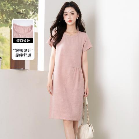 班尼路 【气质优雅】夏季净色褶皱圆领短袖连衣裙女时尚休闲中长A字裙女 图片 1