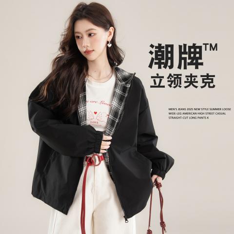 班尼路 韩系慵懒女式格纹拼接立领开衫通勤运动百搭宽松复古潮流夹克外套 图片 3