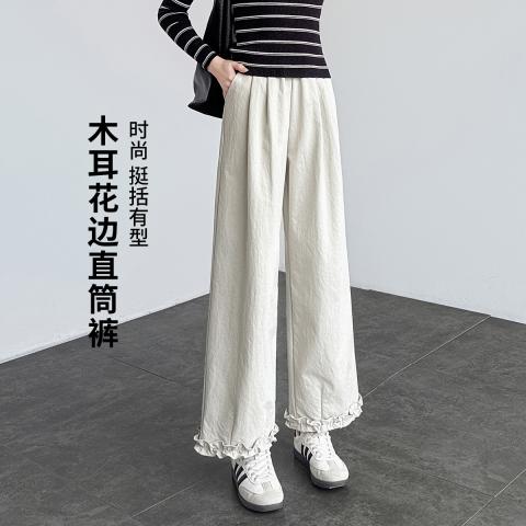 班尼路 【九分裤】木耳花边直筒裤女高腰时尚挺括小个子宽松显瘦休闲裤 图片 5