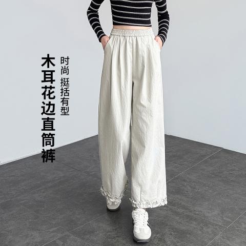 班尼路 【九分裤】木耳花边直筒裤女高腰时尚挺括小个子宽松显瘦休闲裤 图片 4