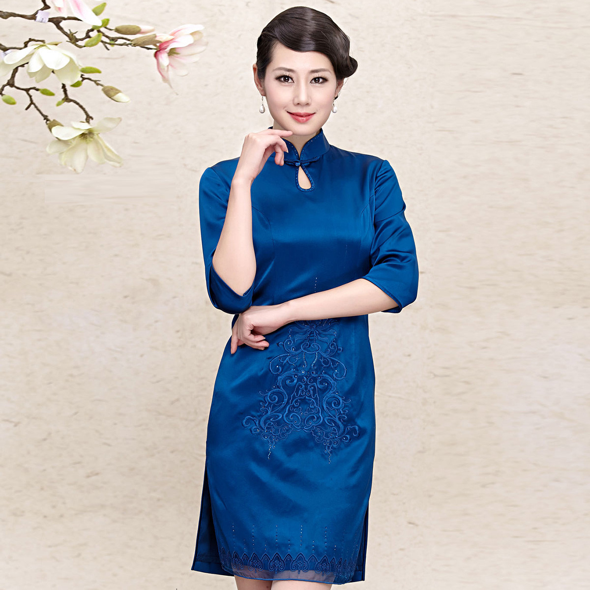 今典女款藏青色绣花真丝旗袍q6z021380_唯品会