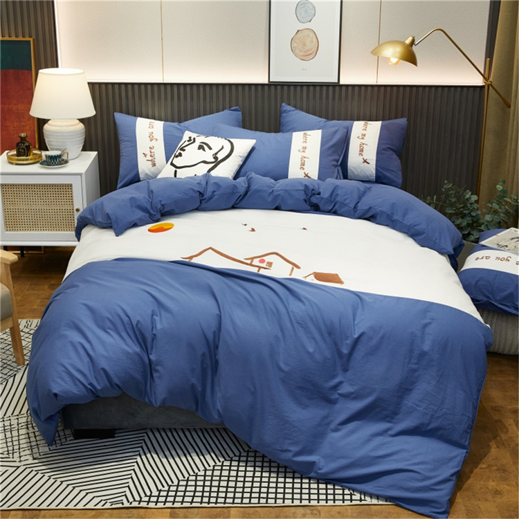 网红纯棉长绒棉刺绣四件套全棉撞色拼接被套纯色床单/床笠套件