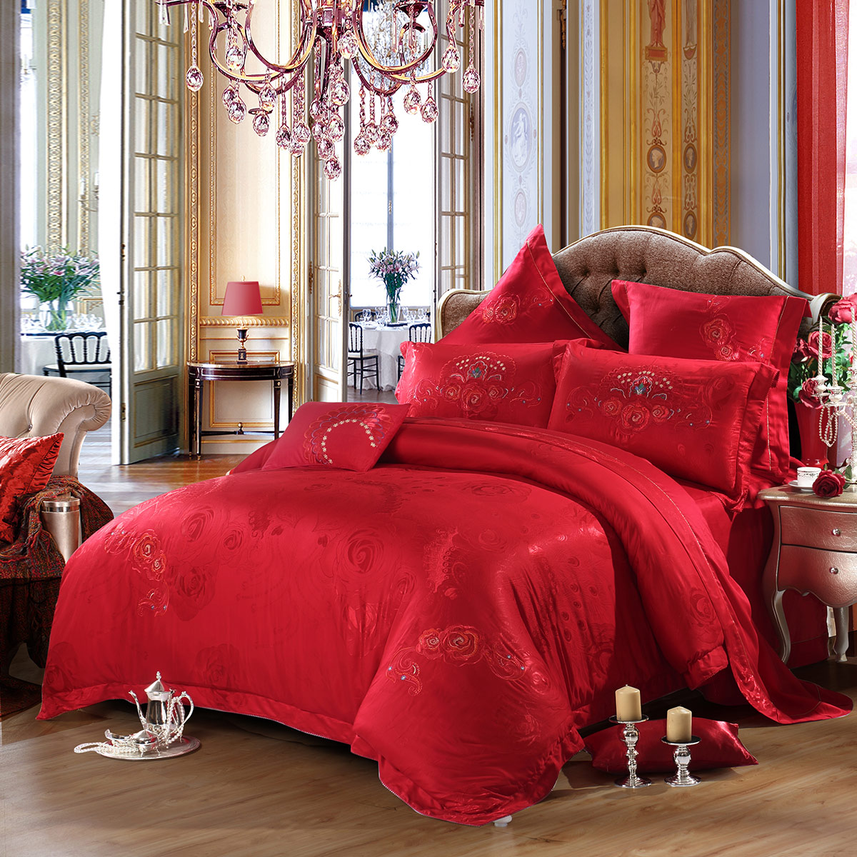 贡缎大提花婚庆八件套床单被套床上用品套件一诺倾情