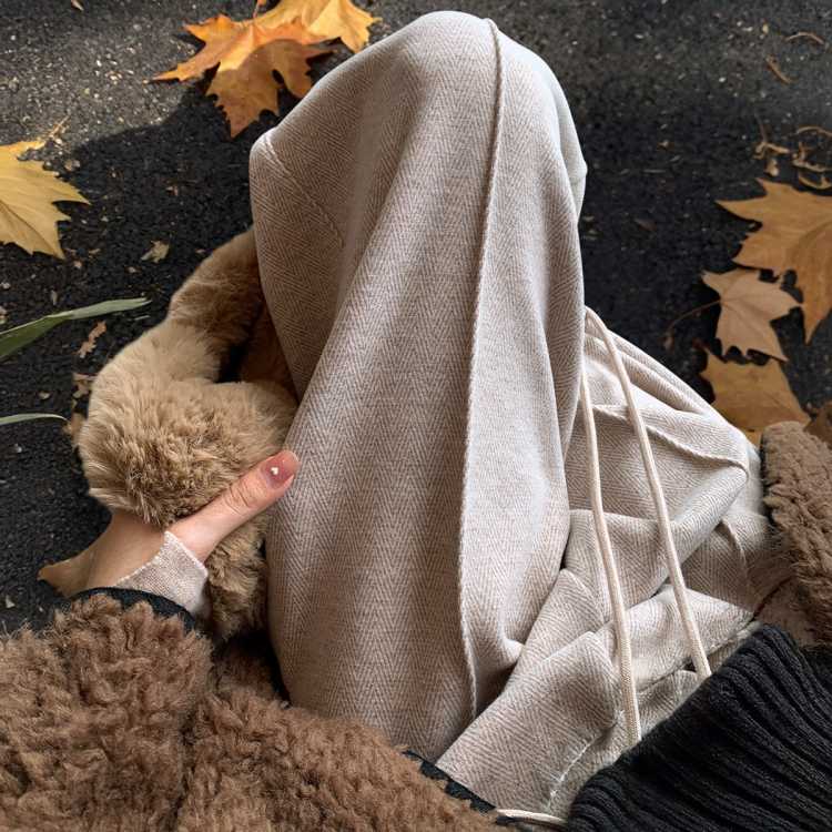 斯尔丽 【含羊毛人字纹阔腿裤】时尚女士通勤气质宽松长款休闲裤女裤