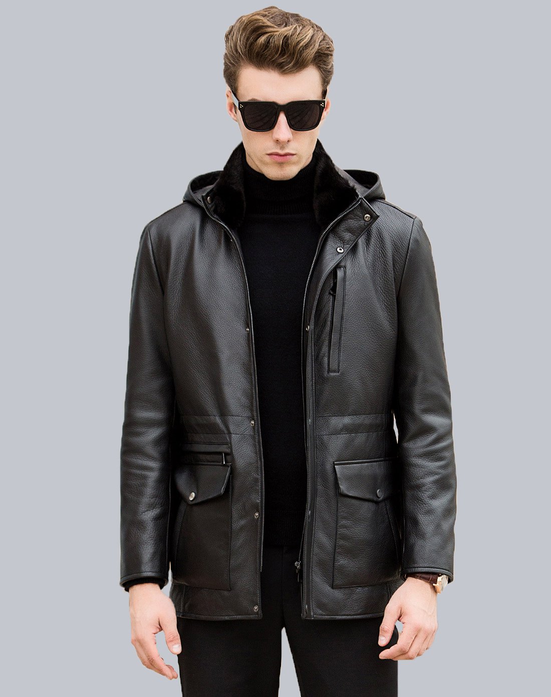 男款时尚连帽鹿皮真皮皮衣外套