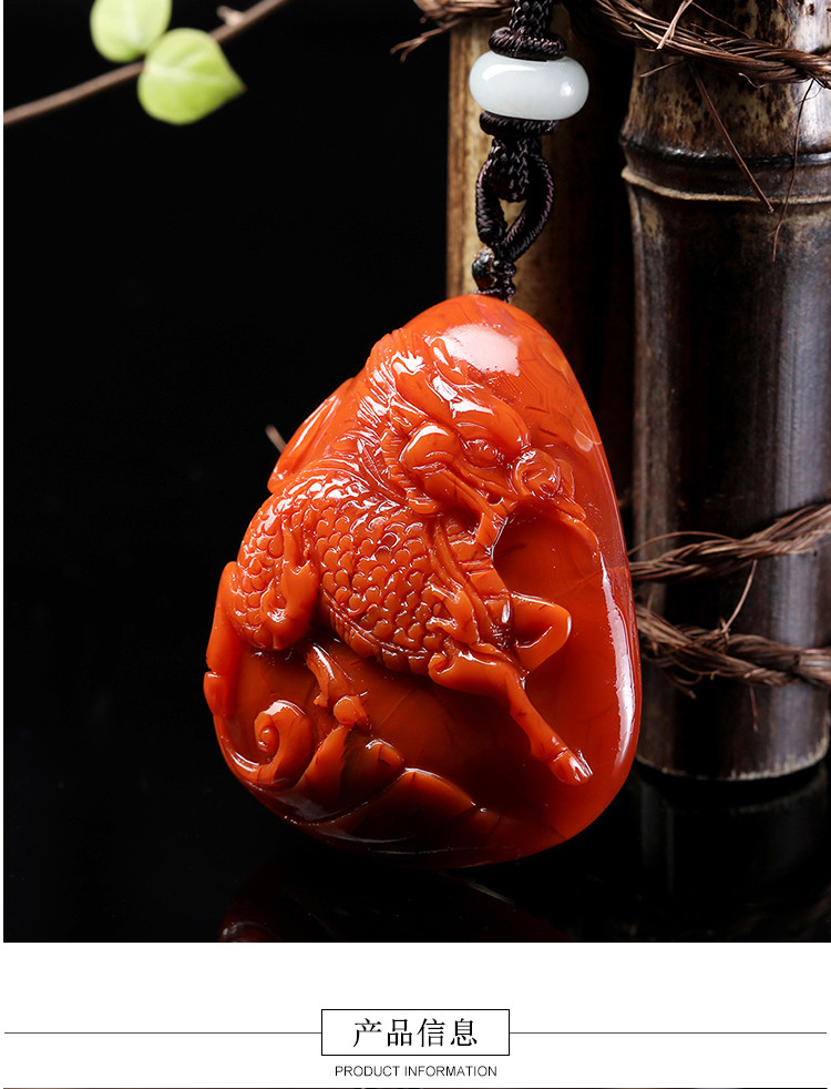 手工精雕火焰纹柿子红满肉满色天然南红玛瑙麒麟吊坠