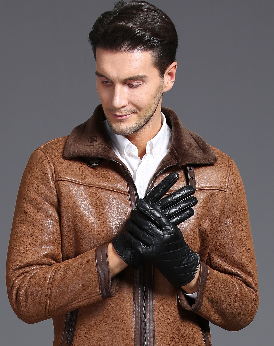 男式黑色格纹保暖皮手套