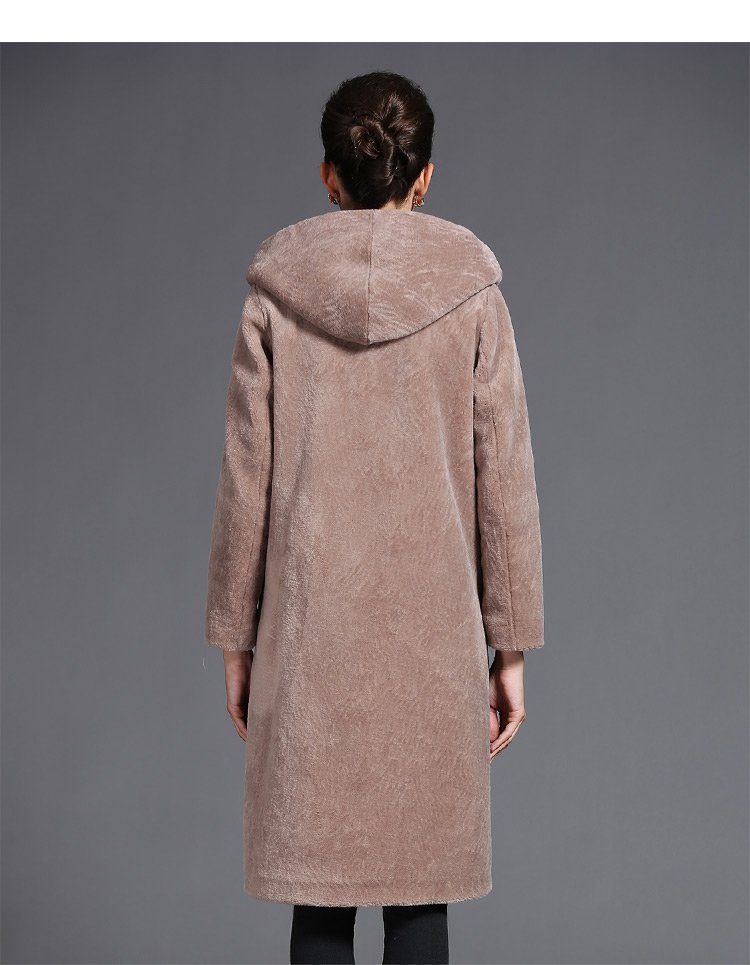 女式长款羊剪毛带帽休闲外套