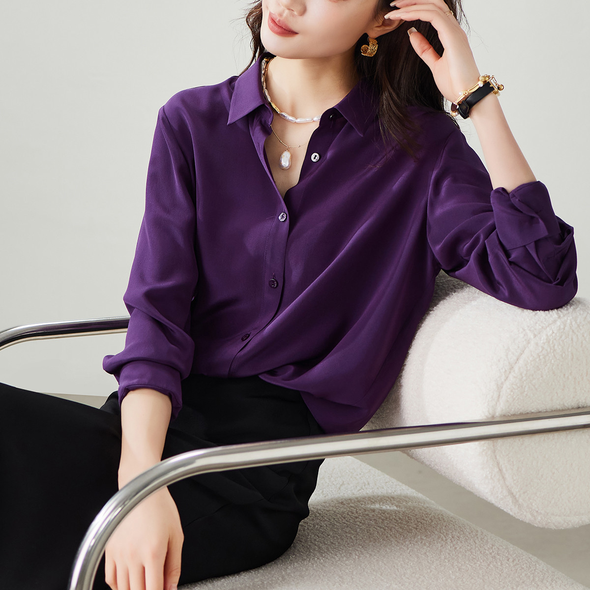 索菲丝尔 【100%桑蚕丝】长袖衬衫女上衣2026秋季时尚纯色真丝衬衣