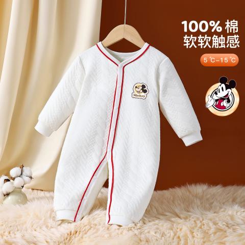 迪士尼 【早春薄棉保暖】婴儿连体衣春秋新生儿长袖爬服米奇卡通宝宝哈衣 图片 1