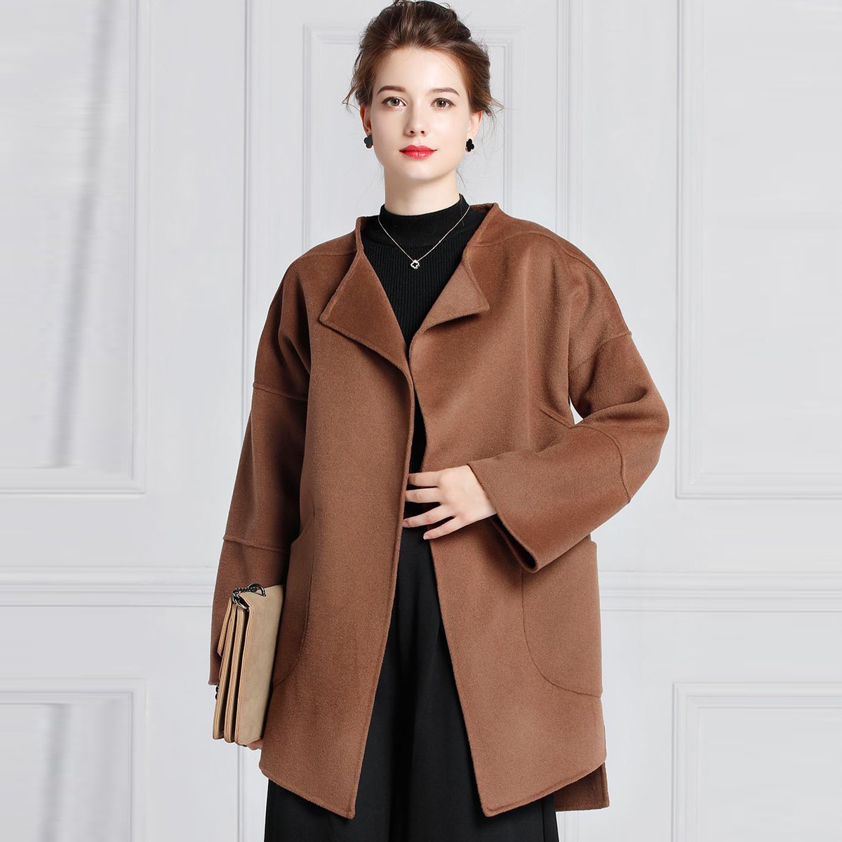 【清仓特惠】时尚a版无领百搭小外套双面呢大衣外套女