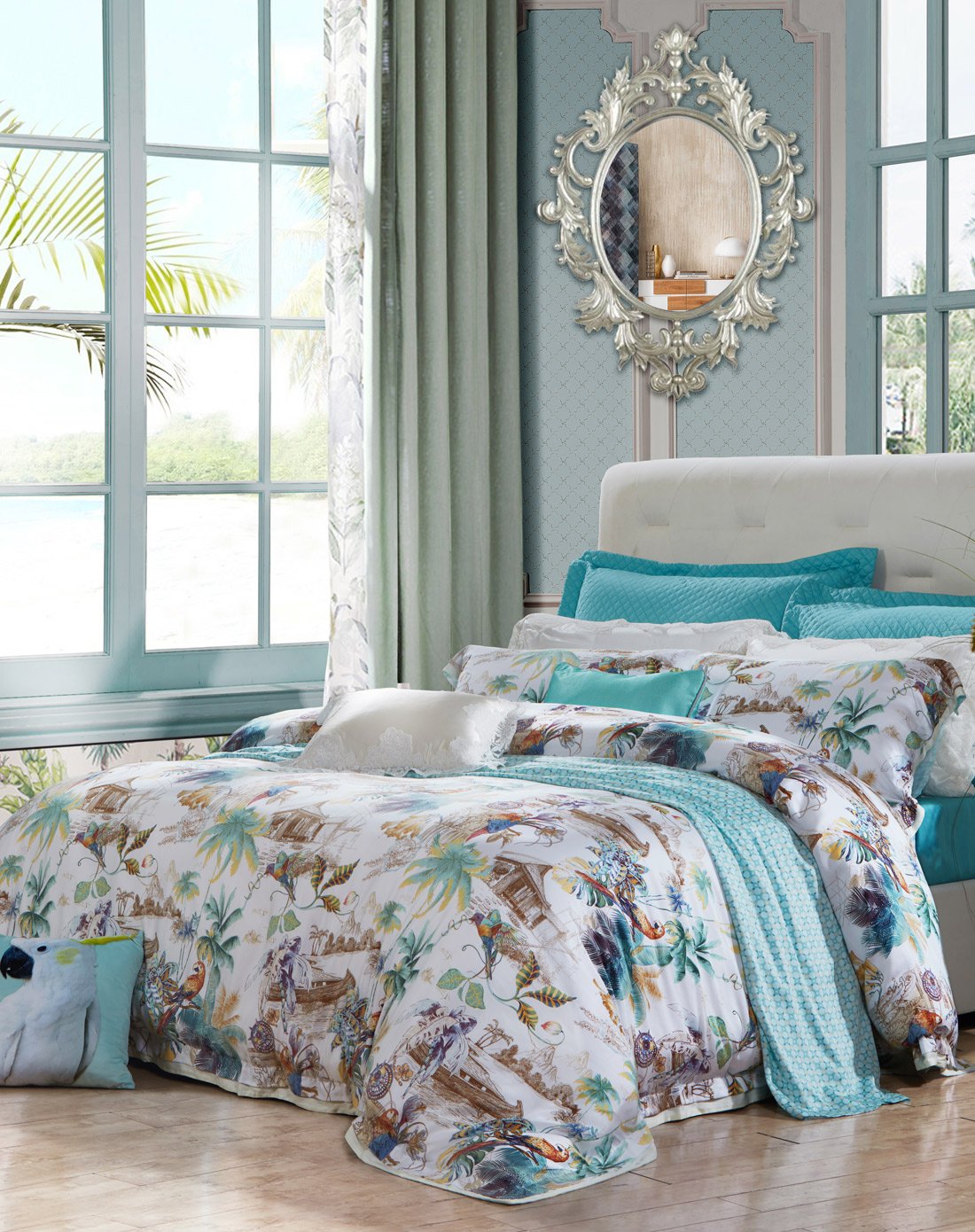 富安娜艺术花卉家纺专场60s贡缎天丝 夏季床单被套莱赛尔套件 天丝床