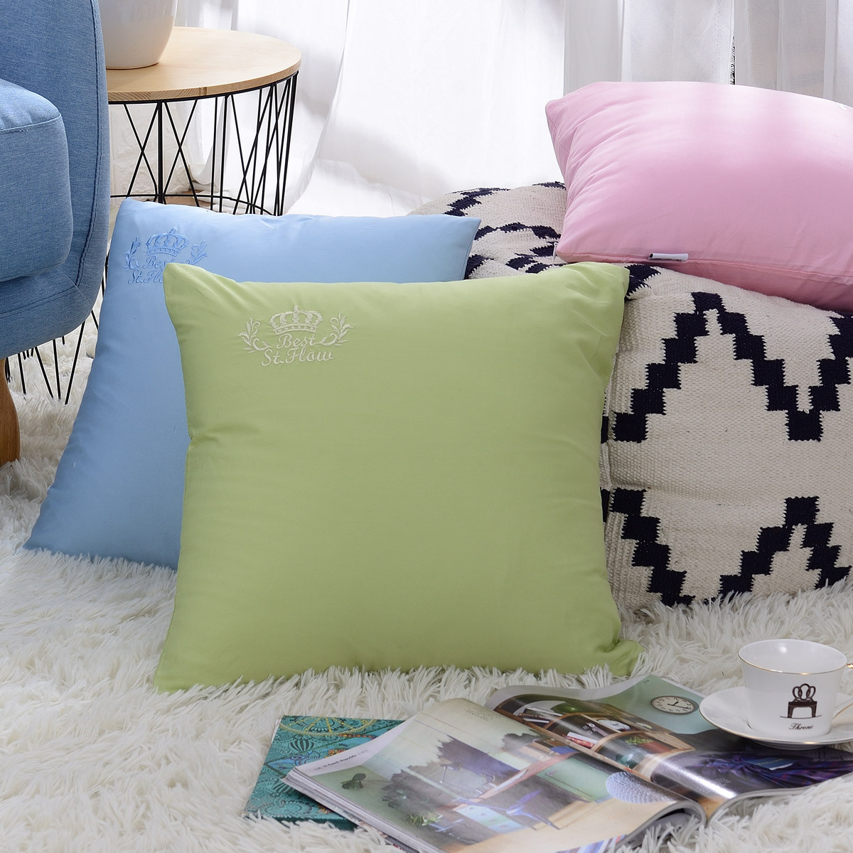 富安娜沙发纯棉抱枕午休靠垫正方形枕头