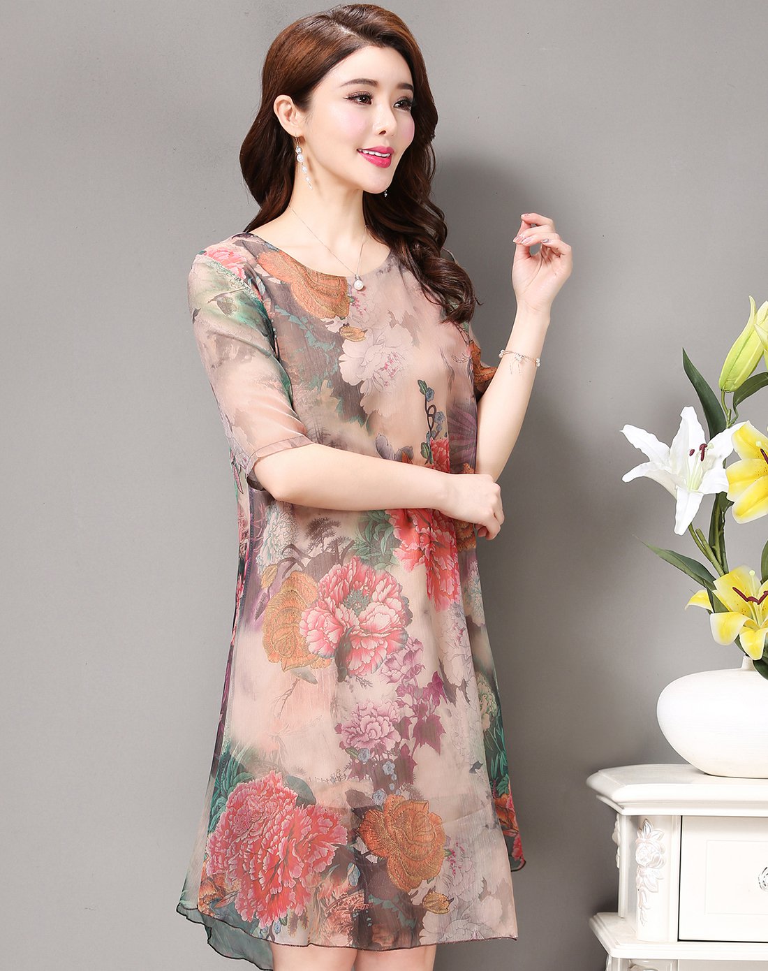 2018年夏季新品优雅中袖连衣裙中老年女装妈妈装女士优雅七分袖连衣裙