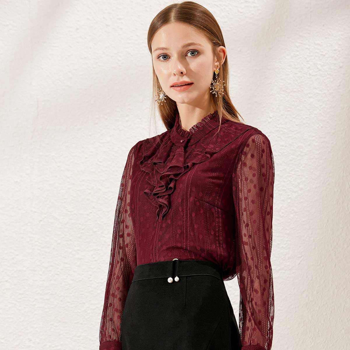 koradior/珂莱蒂尔春夏新款修身百搭蕾丝衫长袖上衣