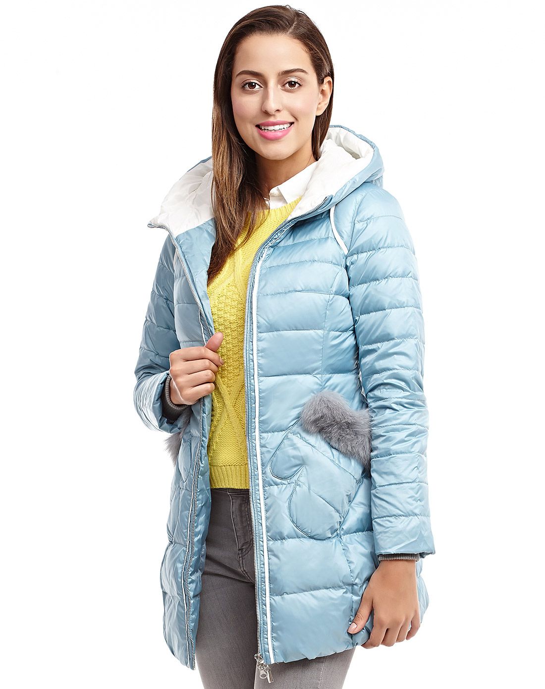 女款经典修身羽绒服粉青色 /b糙白