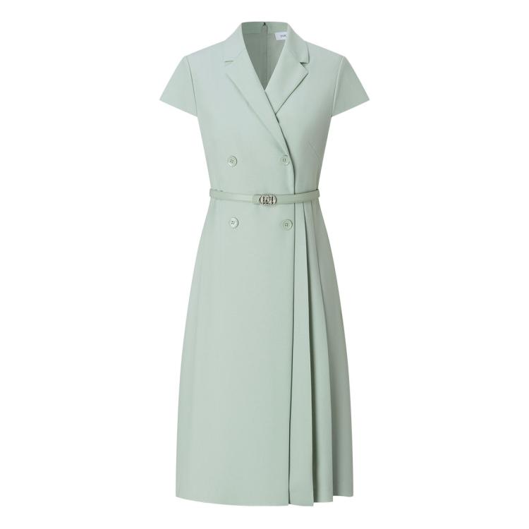 Ports 1961 宝姿女装短袖中长双排扣褶裥拼接连衣裙 In Green