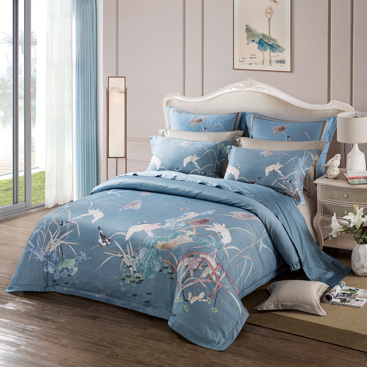 罗莱家纺 60支长绒棉/298纱织密度 荷塘夜色 全棉贡缎床上四件套