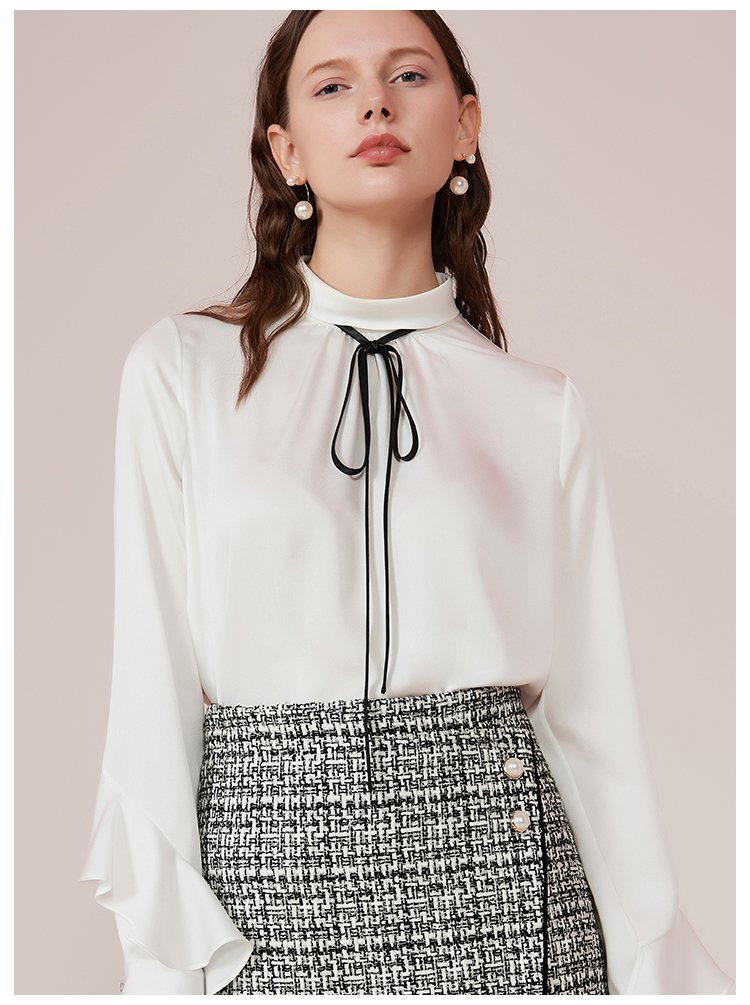 aivei秋新撞色绑带翻驳领荷叶边长袖女衬衫雪纺衫